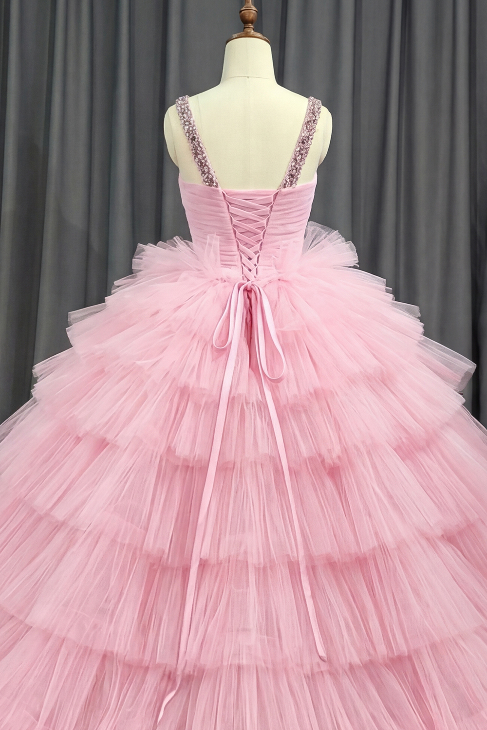 Sparkly Pink Ball Gown Keyhole Ruffled Long Quinceanera Dress with Beading