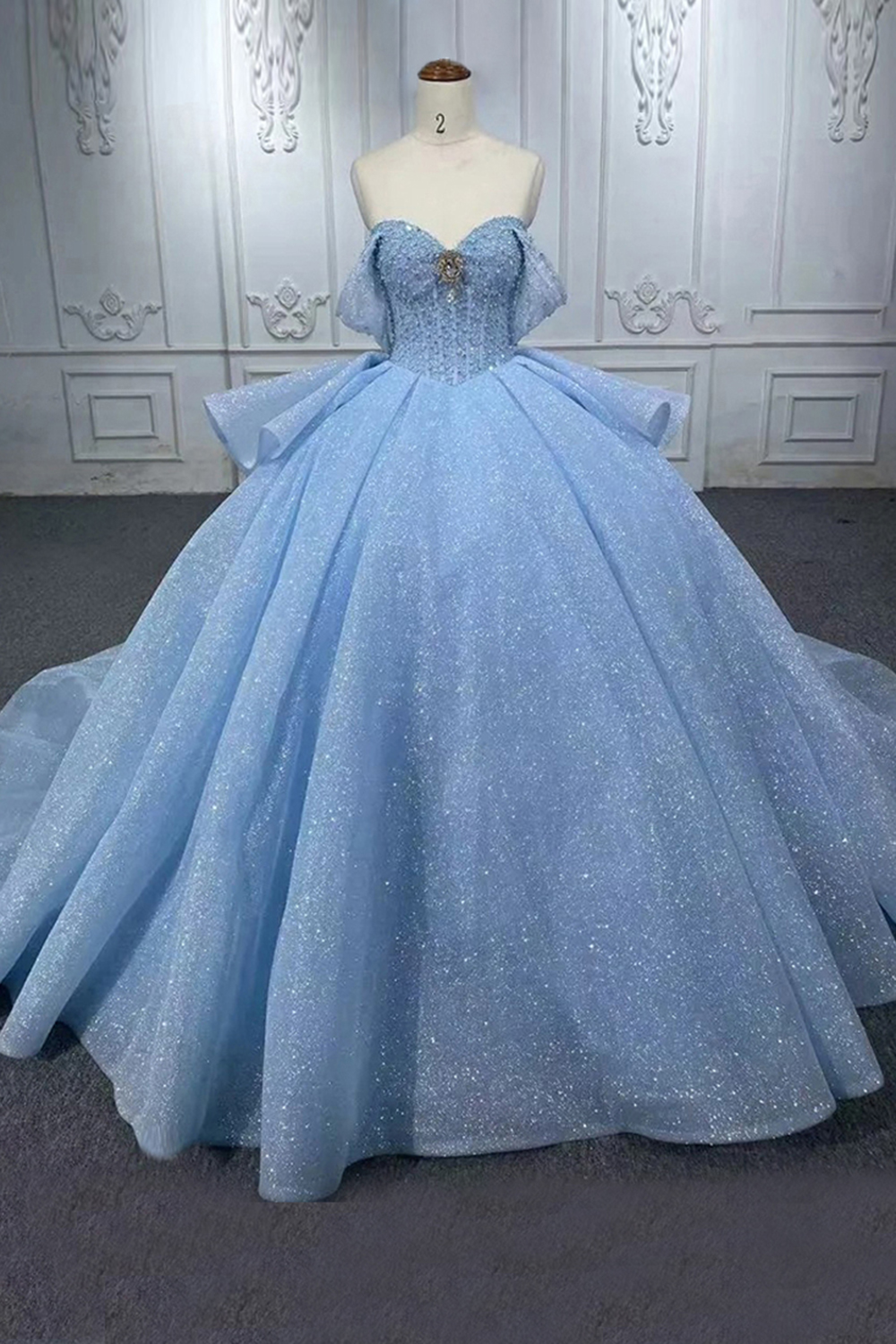 Glitter Blue Off the Shoulder Corset Long Tulle Quinceanera Dress with Ruffles
