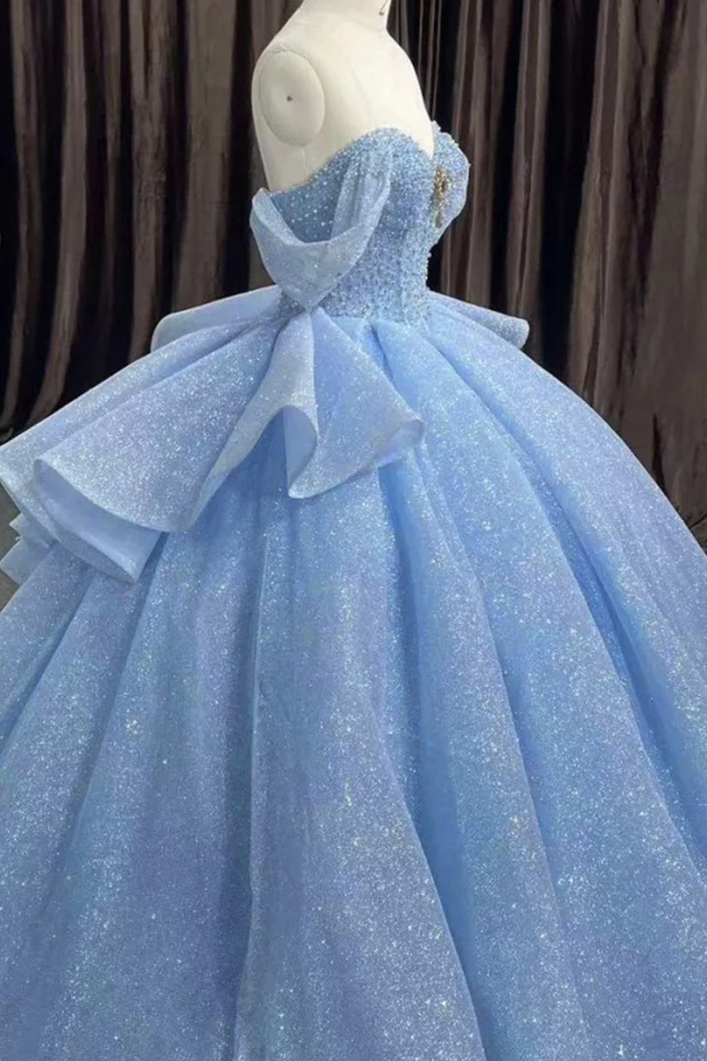 Glitter Blue Off the Shoulder Corset Long Tulle Quinceanera Dress with Ruffles