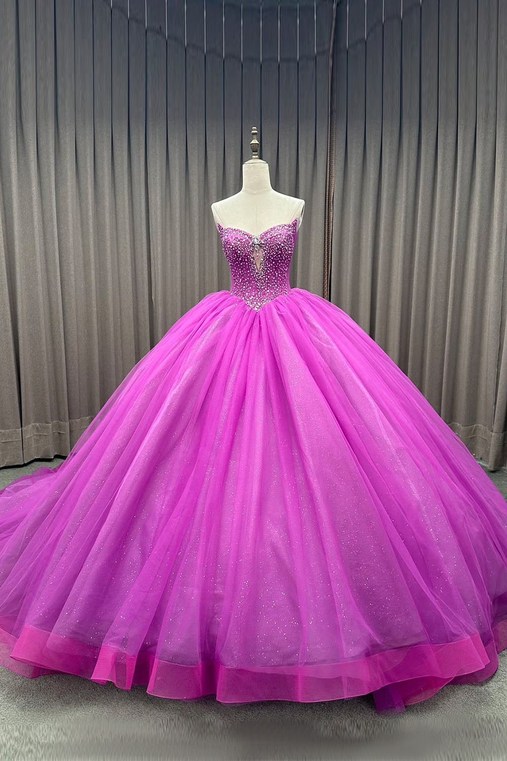 Sparkly Fuchsia Strapless Ball Gown Long Tulle Quinceanera Dress with Beading