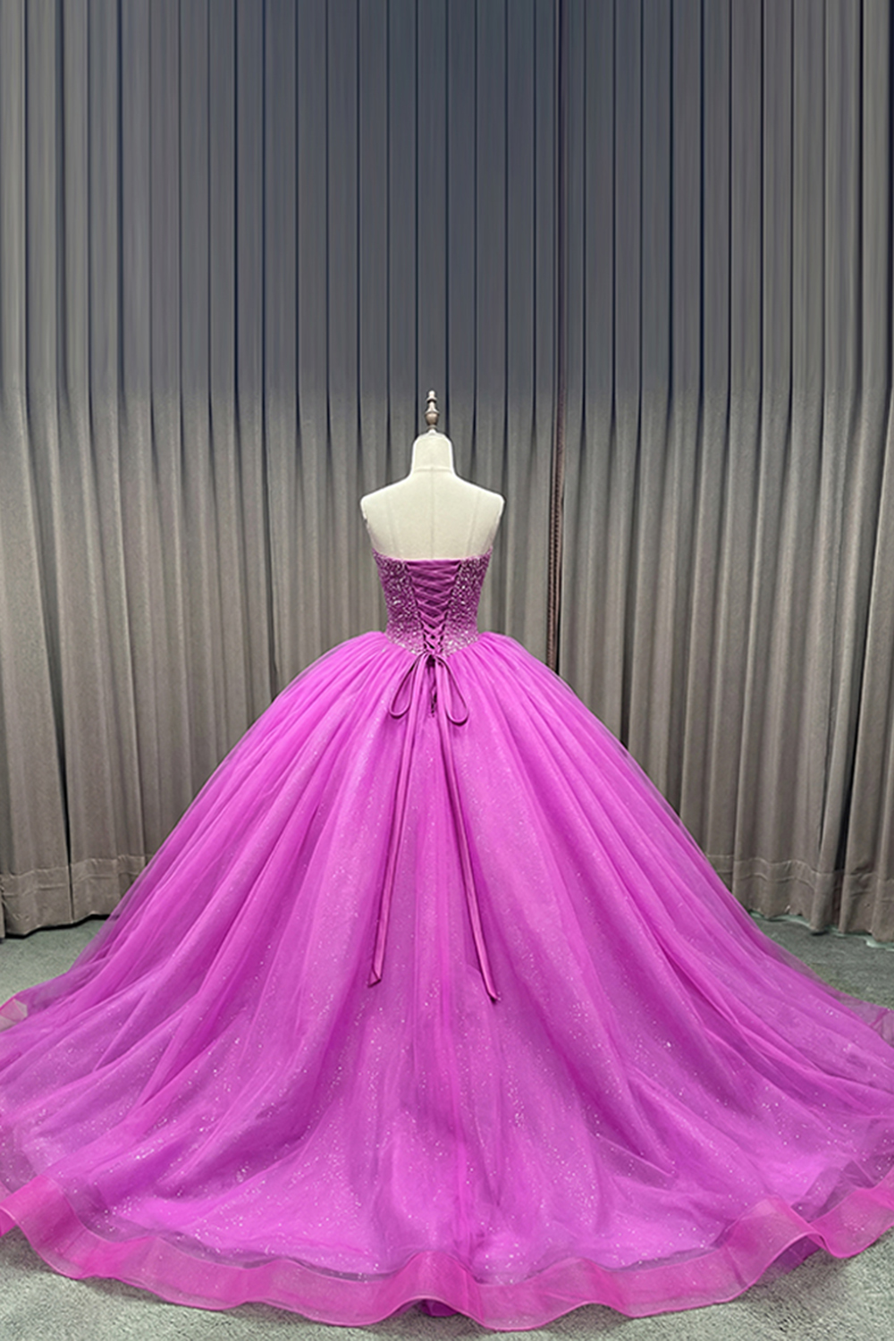 Sparkly Fuchsia Strapless Ball Gown Long Tulle Quinceanera Dress with Beading