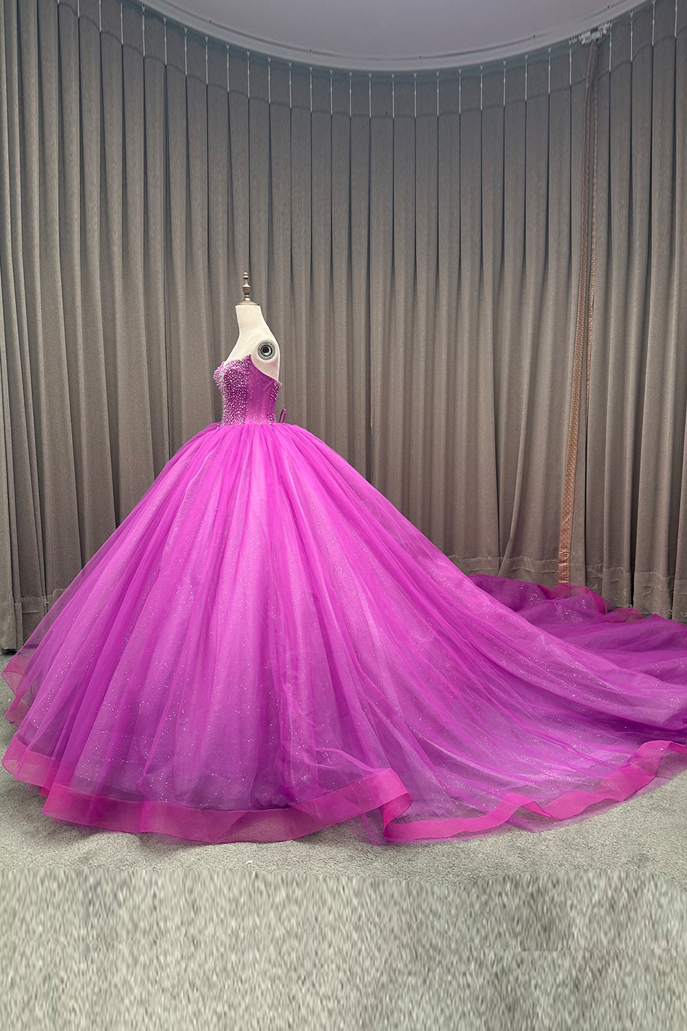 Sparkly Fuchsia Strapless Ball Gown Long Tulle Quinceanera Dress with Beading