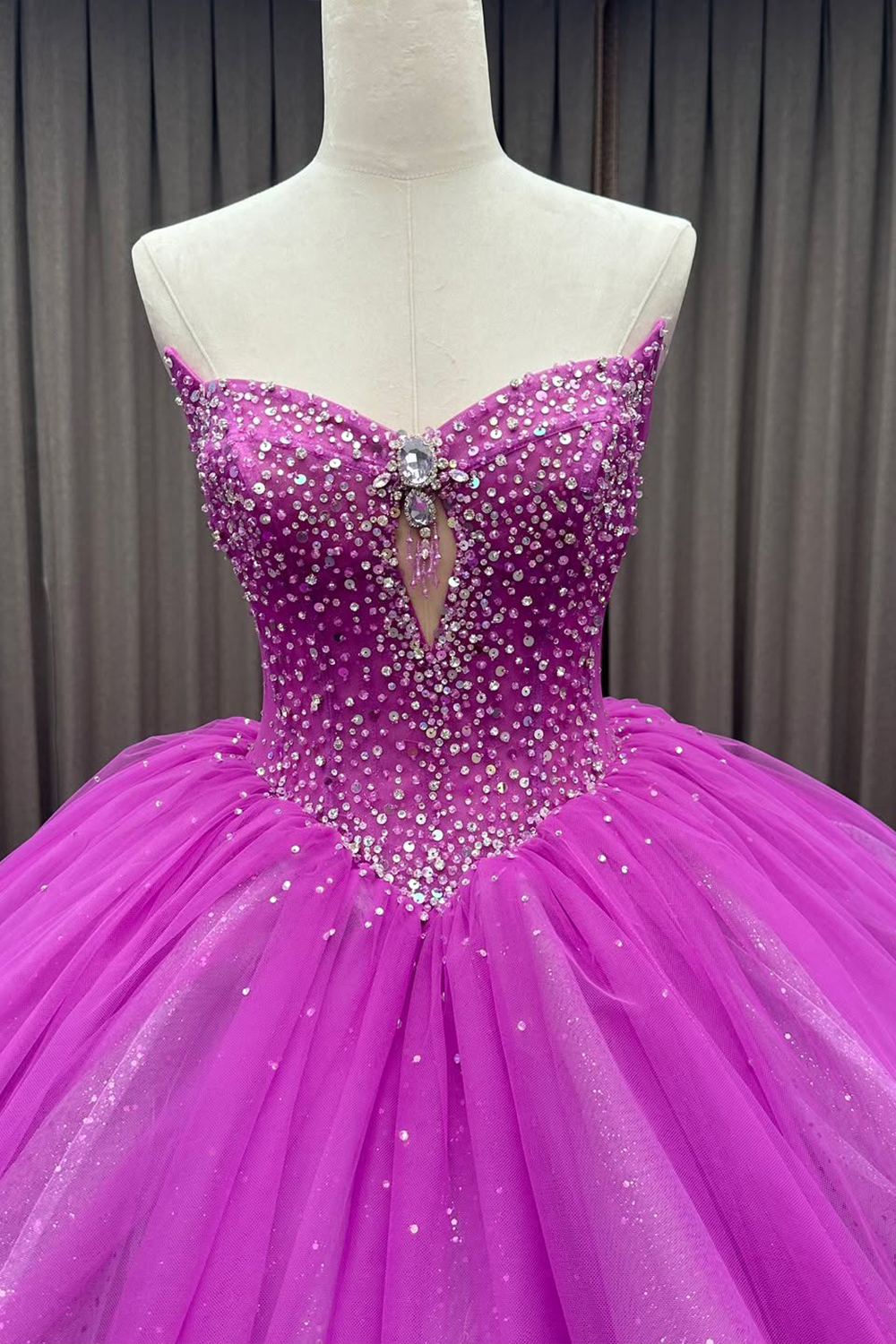 Sparkly Fuchsia Strapless Ball Gown Long Tulle Quinceanera Dress with Beading