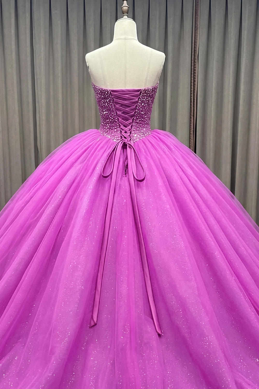 Sparkly Fuchsia Strapless Ball Gown Long Tulle Quinceanera Dress with Beading