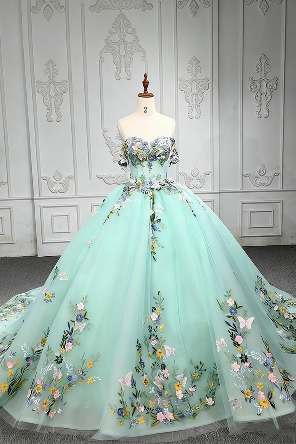 Green Tulle Off the Shoulder Corset Long Floral Ball Gown Quinceanera Dress