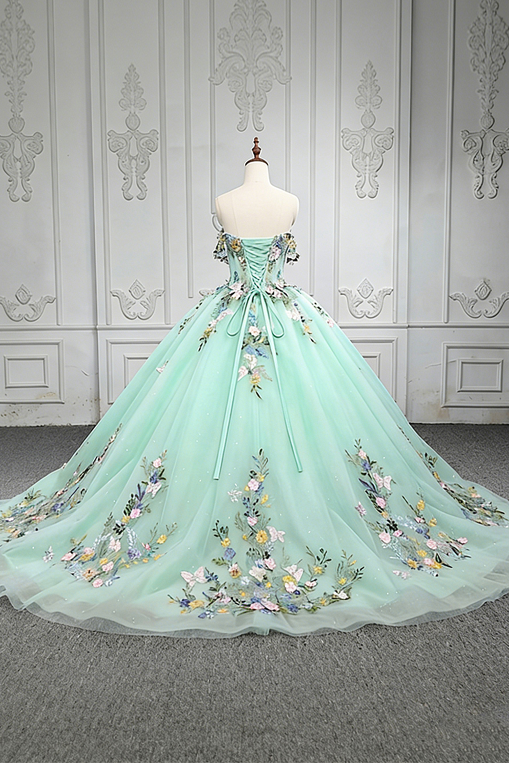 Green Tulle Off the Shoulder Corset Long Floral Ball Gown Quinceanera Dress