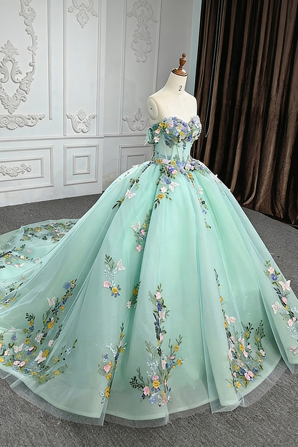 Green Tulle Off the Shoulder Corset Long Floral Ball Gown Quinceanera Dress