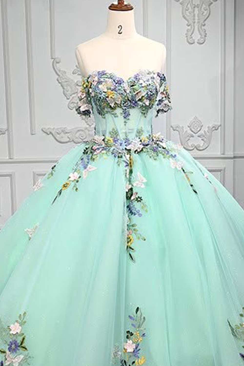 Green Tulle Off the Shoulder Corset Long Floral Ball Gown Quinceanera Dress