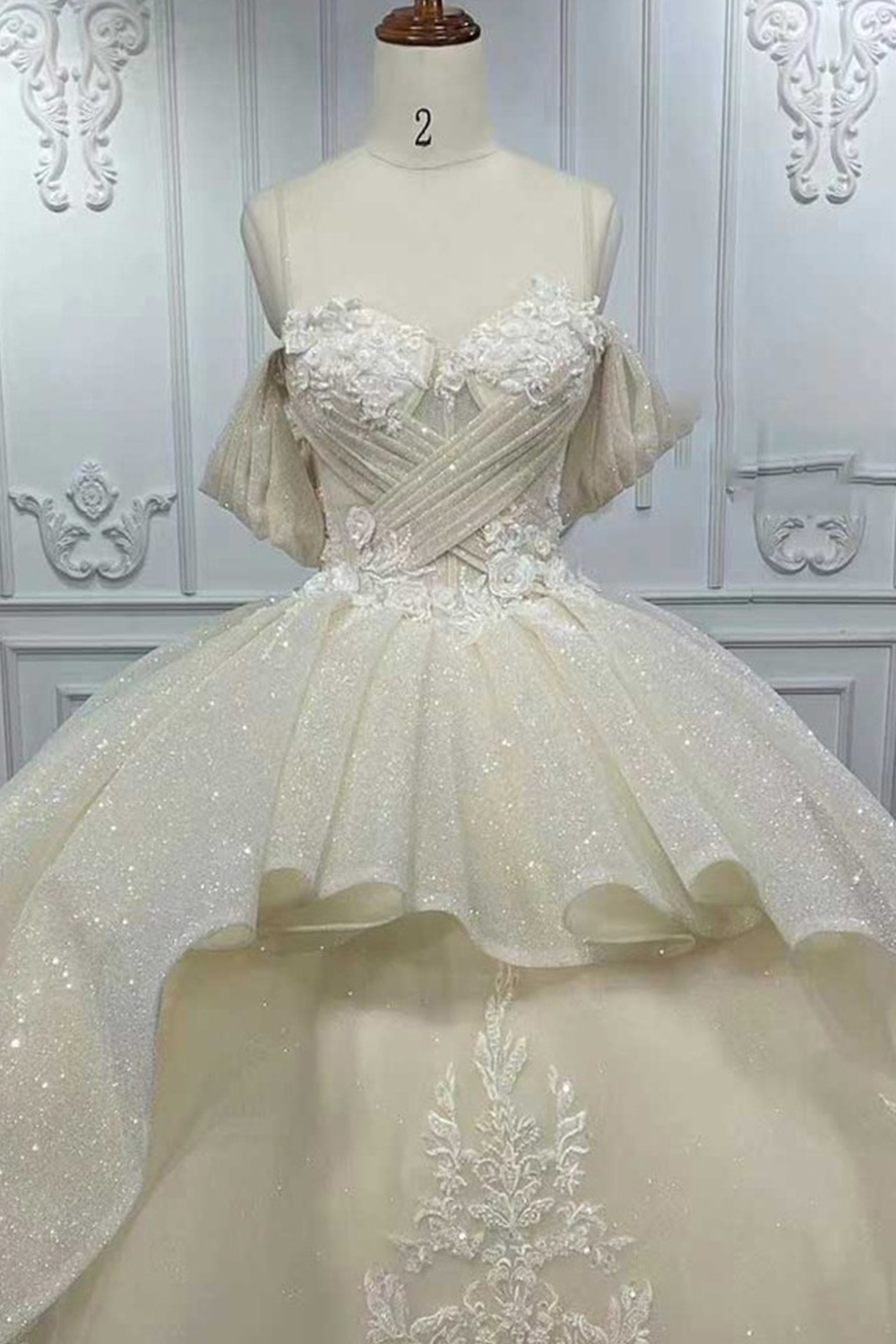 Apricot Off the Shoulder Ruffled Long Floral Ball Gown Quinceanera Dress with Appliques