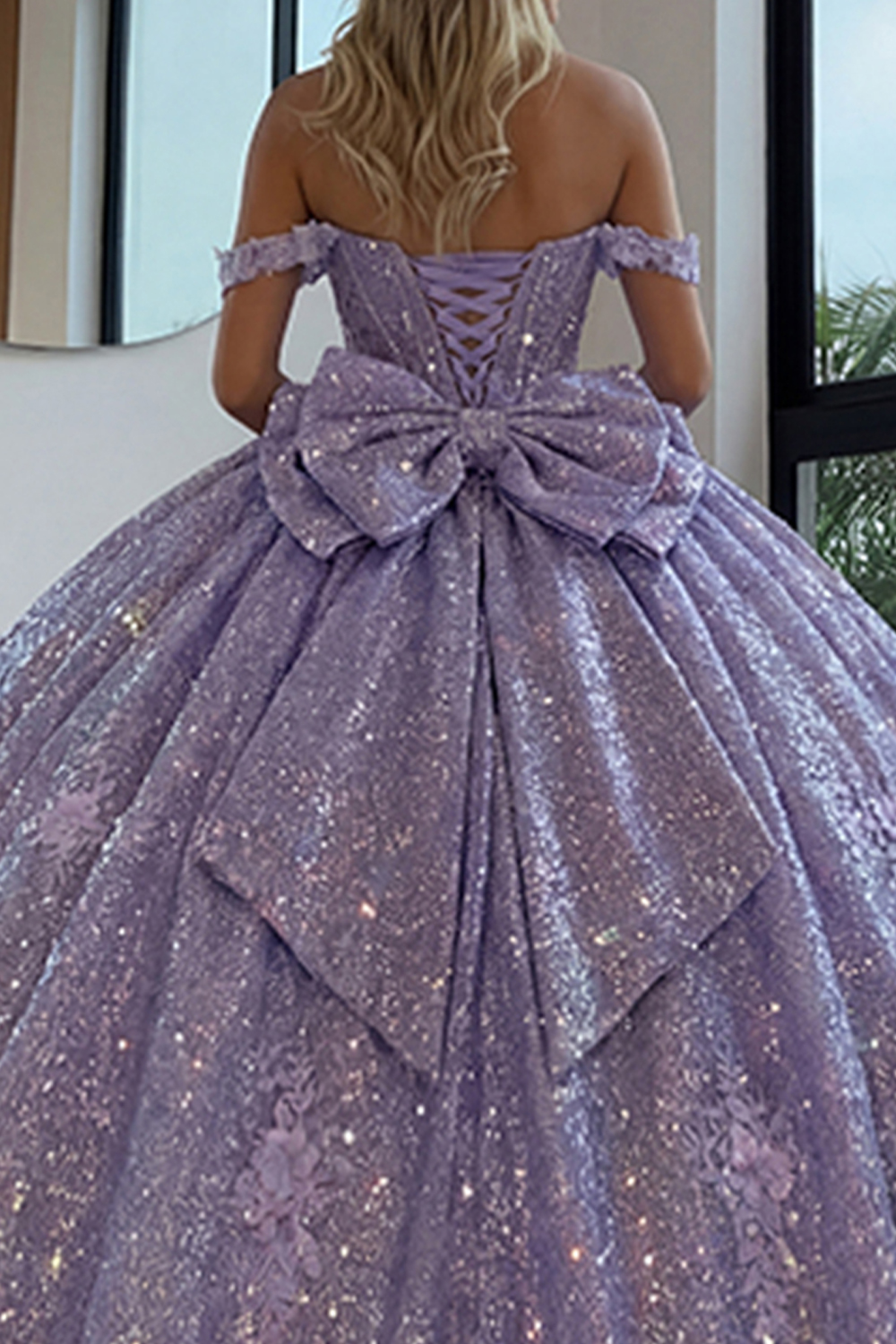 Glitter Lilac Floral Off the Shoulder Long Corset Ball Gown Quinceanera Dress with Bow