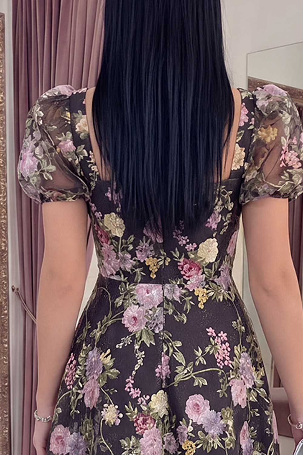 Black Pink Flower A Line Puff Sleeves Long Formal Dress