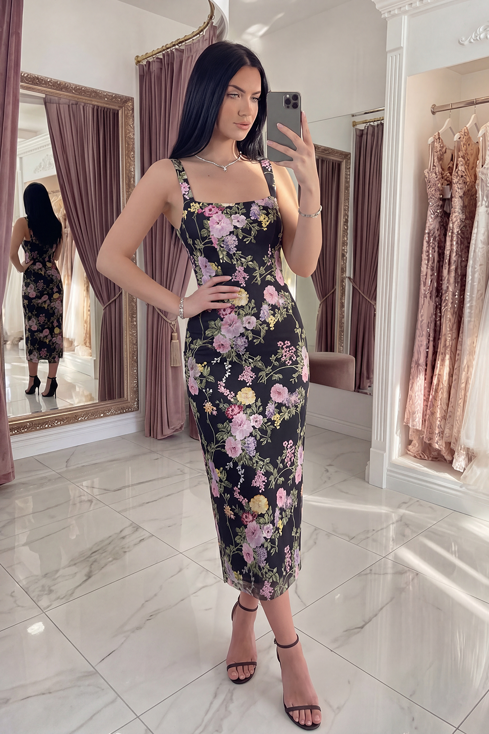 Black Pink Flower Square Neck Bodycon Long Formal Dress