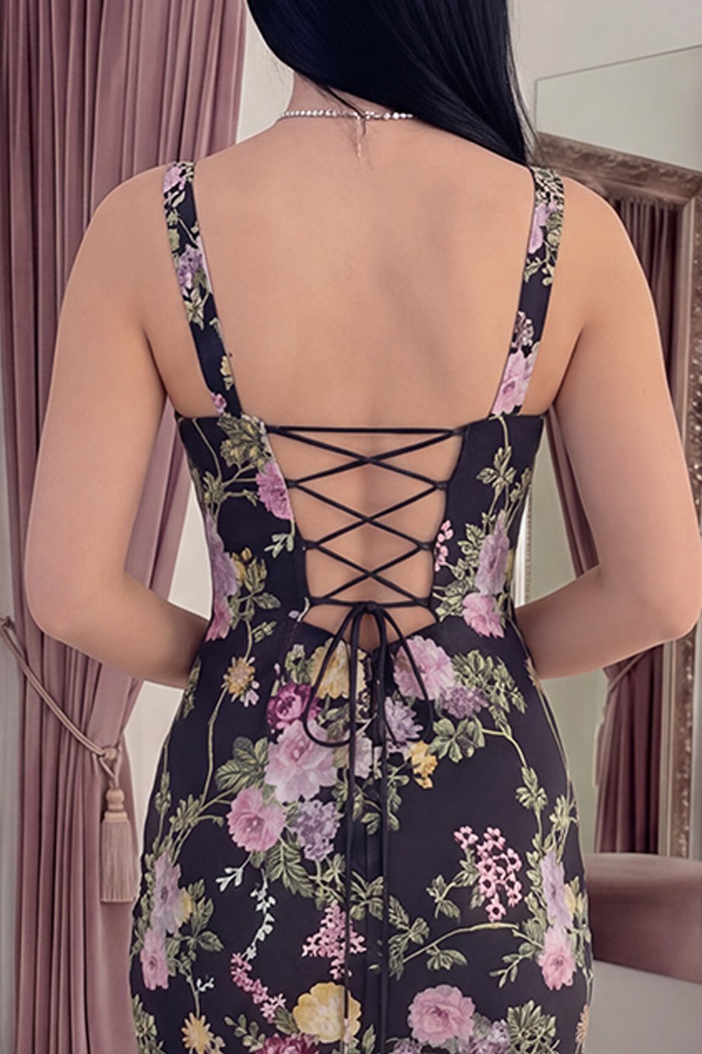 Black Pink Flower Square Neck Bodycon Long Formal Dress
