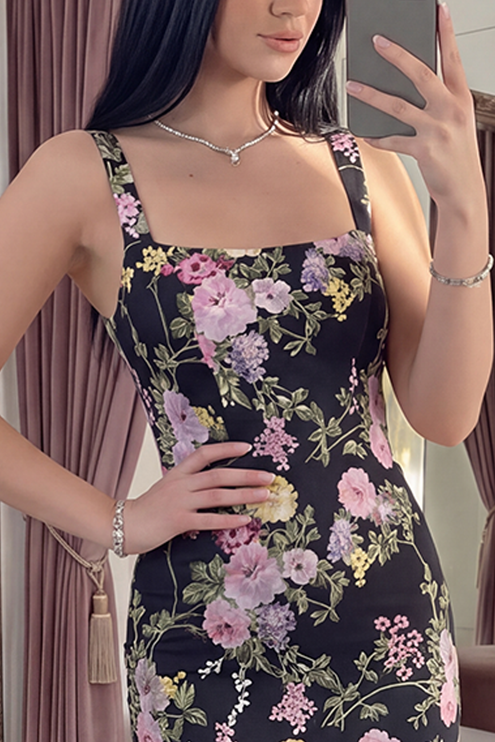 Black Pink Flower Square Neck Bodycon Long Formal Dress