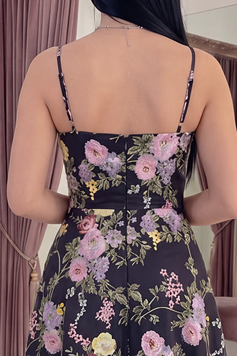 Black Pink Flower Spaghetti Straps A Line Long Formal Dress