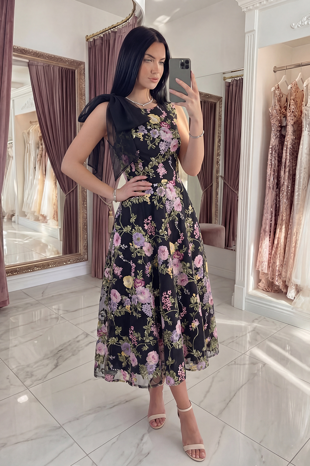 Black Pink Flower A Line Long Formal Dress with Pockets