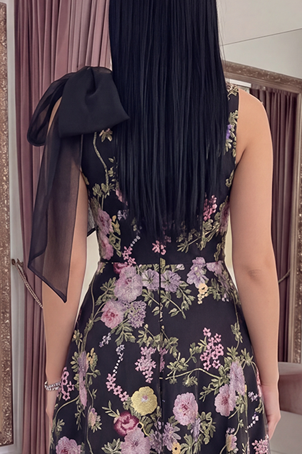Black Pink Flower A Line Long Formal Dress with Pockets