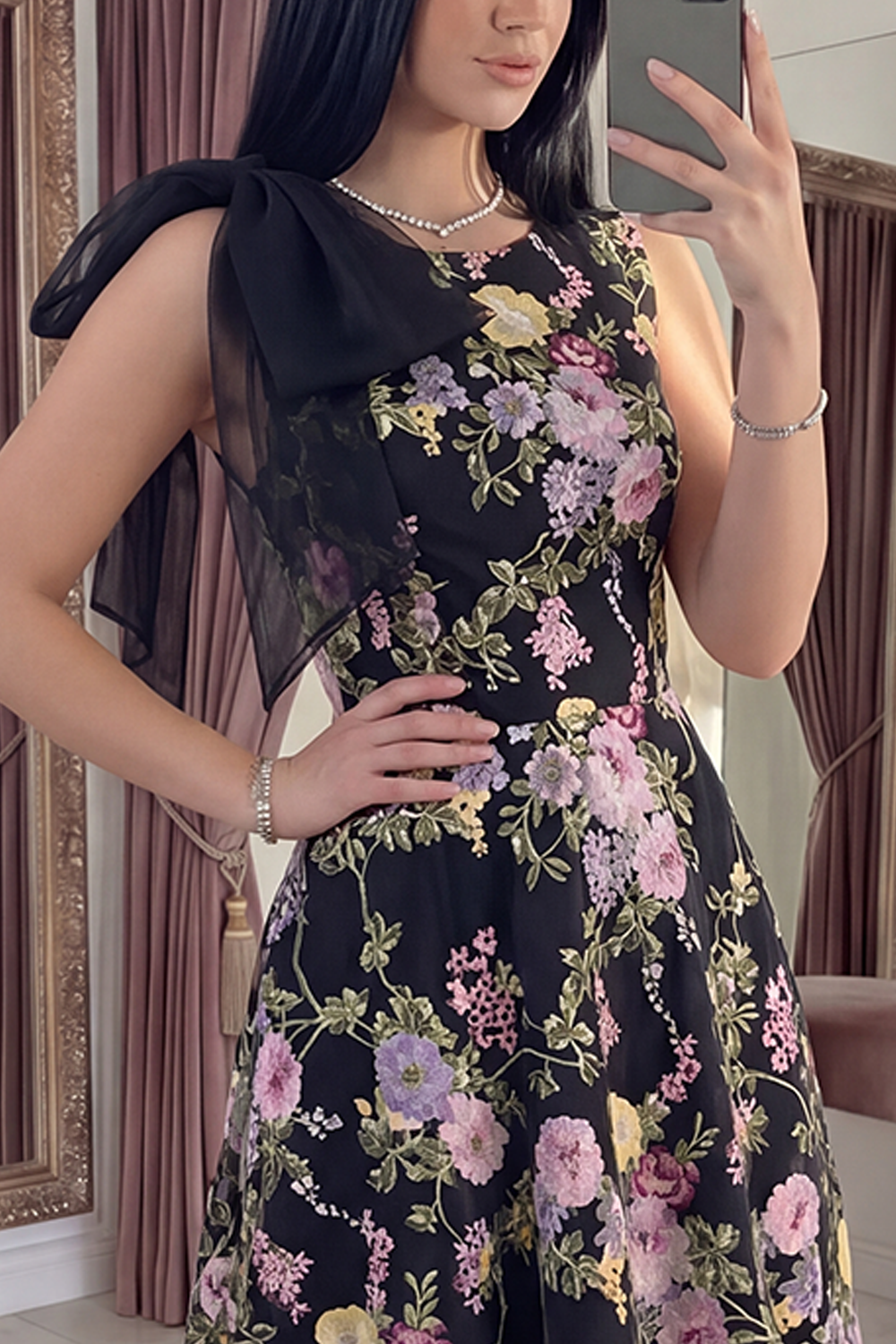 Black Pink Flower A Line Long Formal Dress with Pockets
