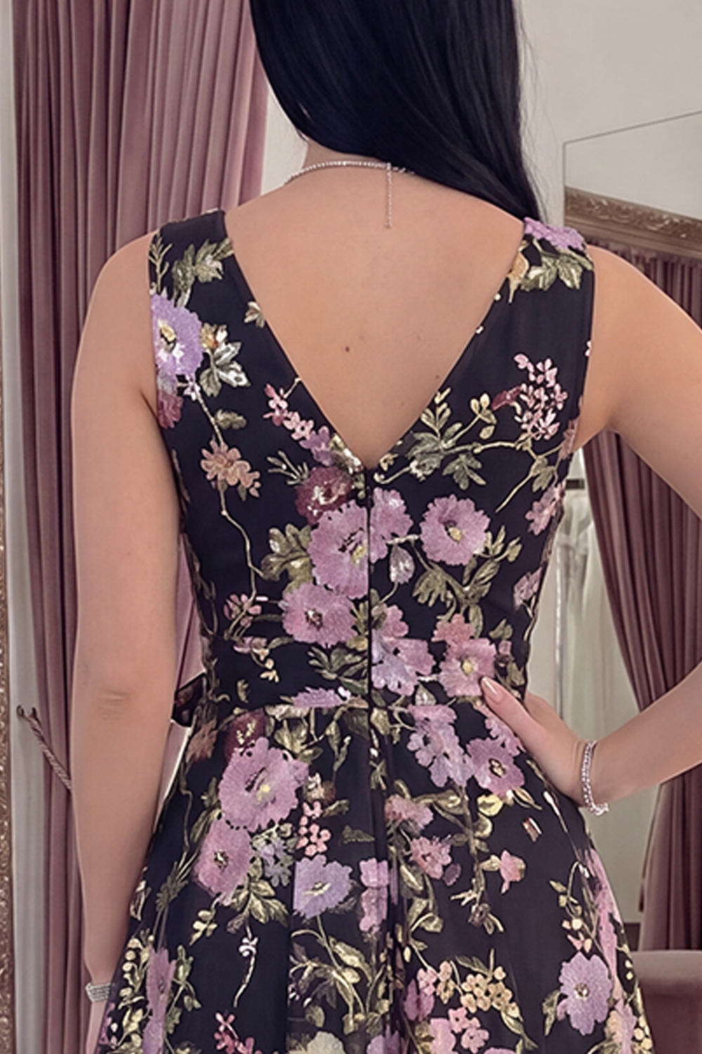 Black Pink Flower V-Neck A Line Long Formal Dress with Bow