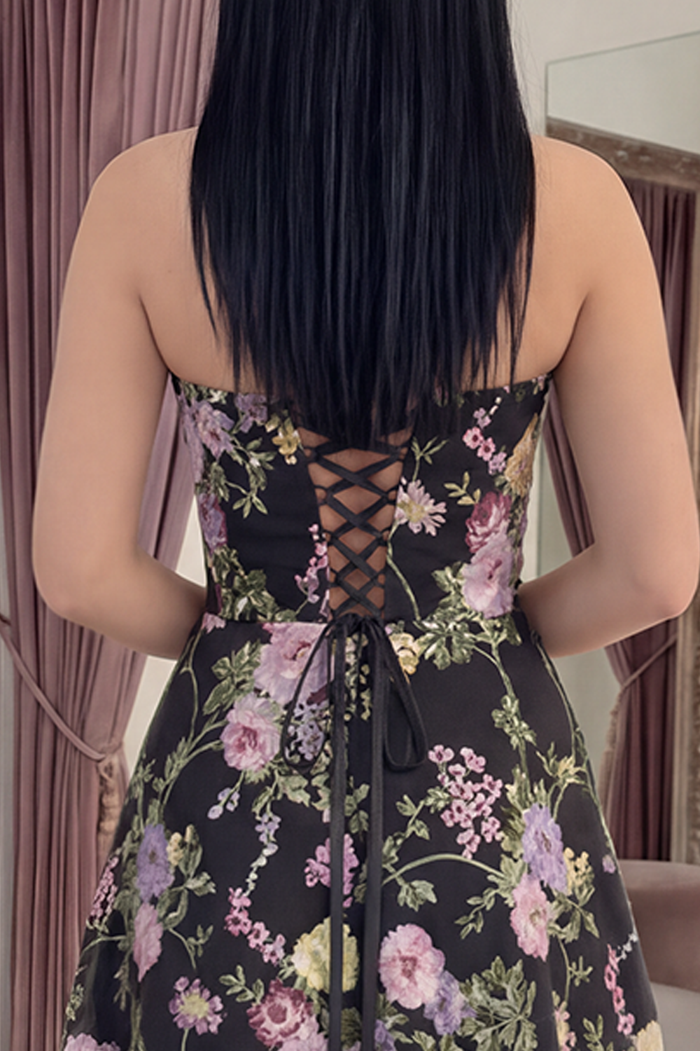 Black Pink Flower A Line Strapless Long Formal Dress with Pockets