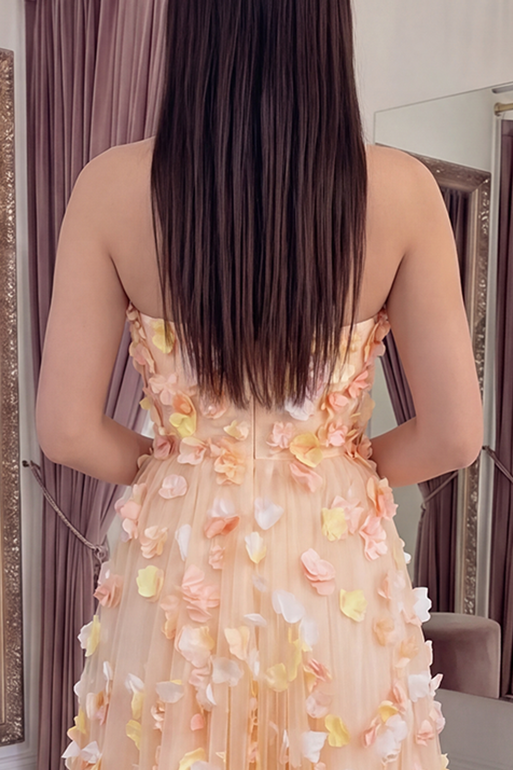 Champagne Strapless A Line Long Floral Prom Dress with Pockets