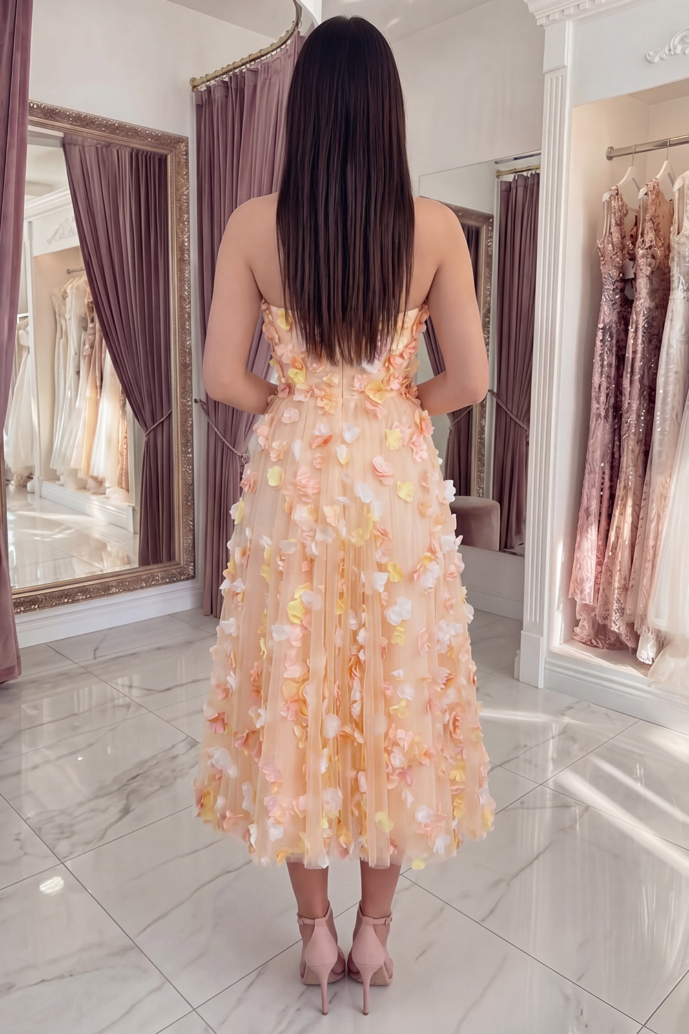 Champagne Strapless A Line Long Floral Prom Dress with Pockets