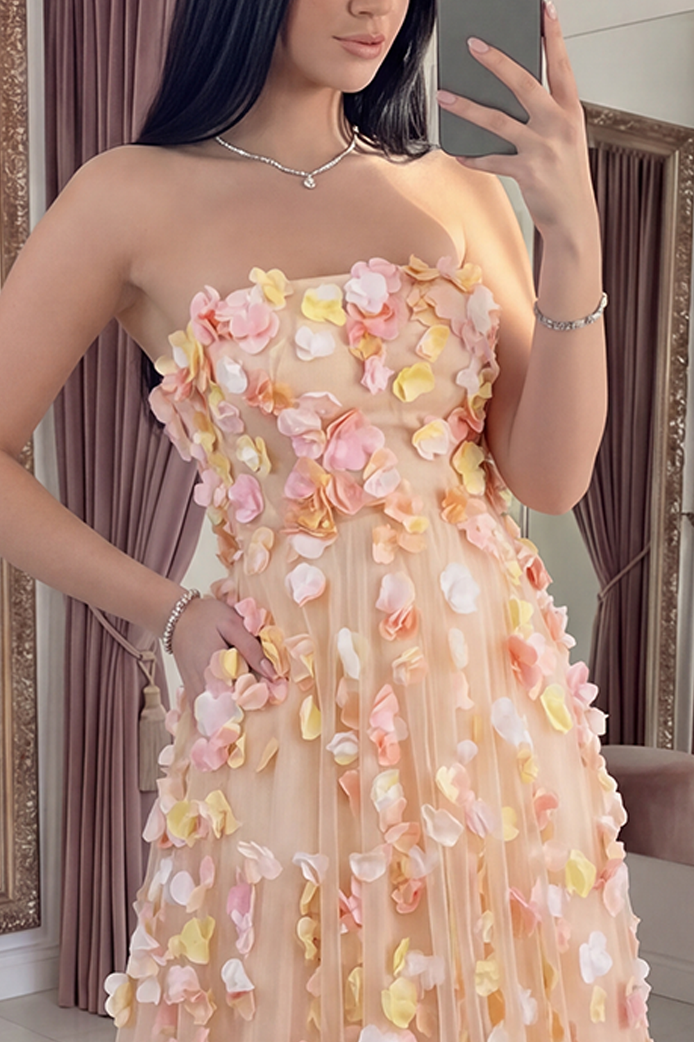 Champagne Strapless A Line Long Floral Prom Dress with Pockets