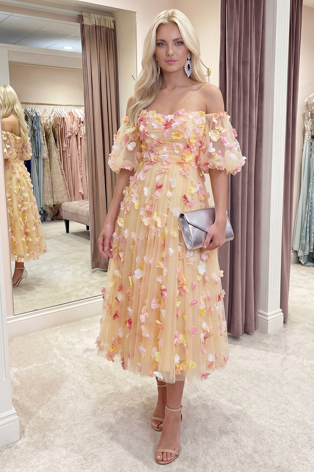 Champagne Off the Shoulder Floral A Line Long Prom Dress