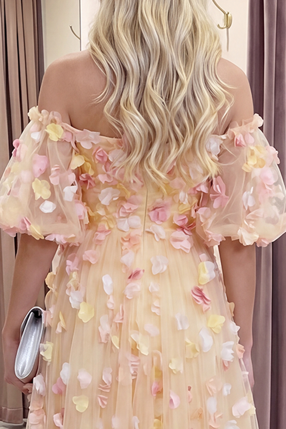 Champagne Off the Shoulder Floral A Line Long Prom Dress