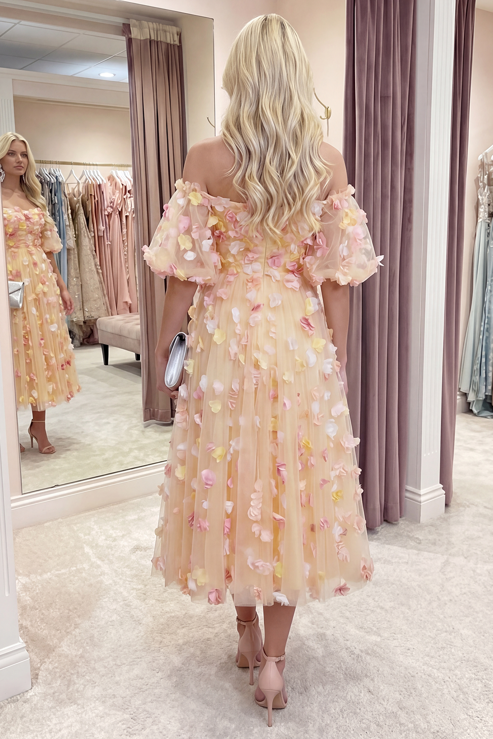 Champagne Off the Shoulder Floral A Line Long Prom Dress