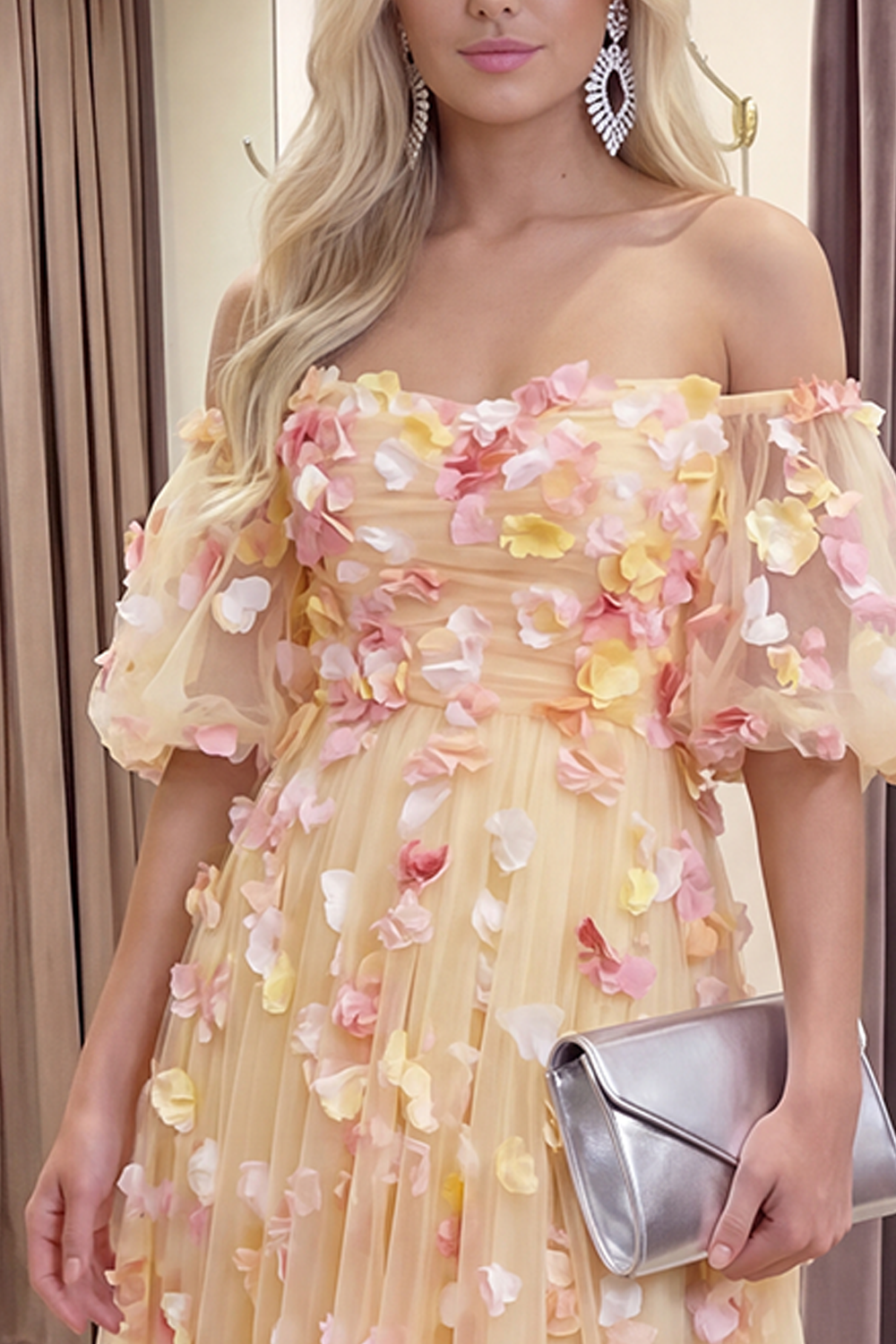 Champagne Off the Shoulder Floral A Line Long Prom Dress