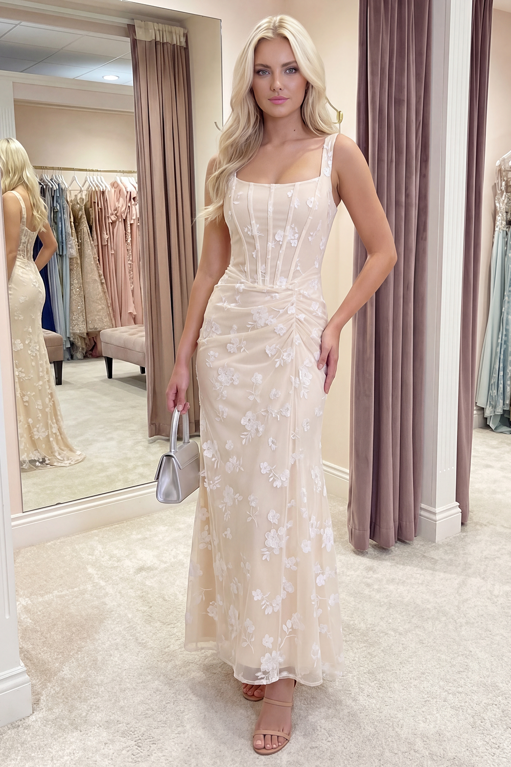 Pink Corset Mermaid Ruched Thick Straps Long Prom Dress