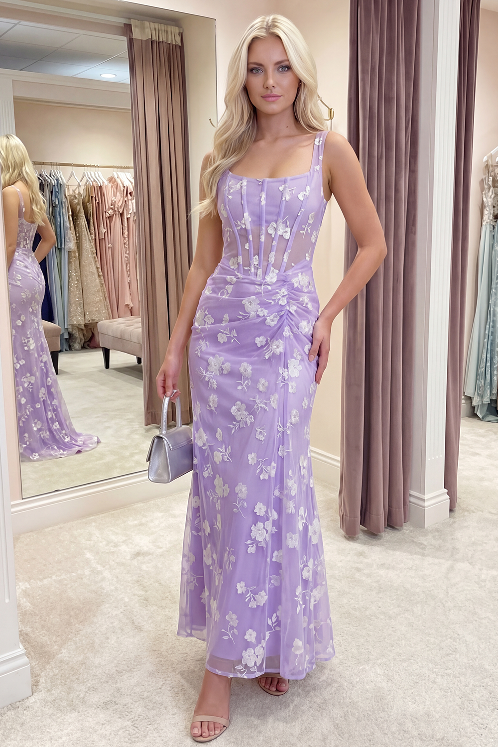 Pink Corset Mermaid Ruched Thick Straps Long Prom Dress