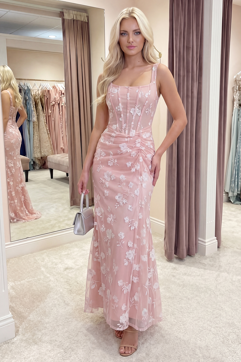 Pink Corset Mermaid Ruched Thick Straps Long Prom Dress