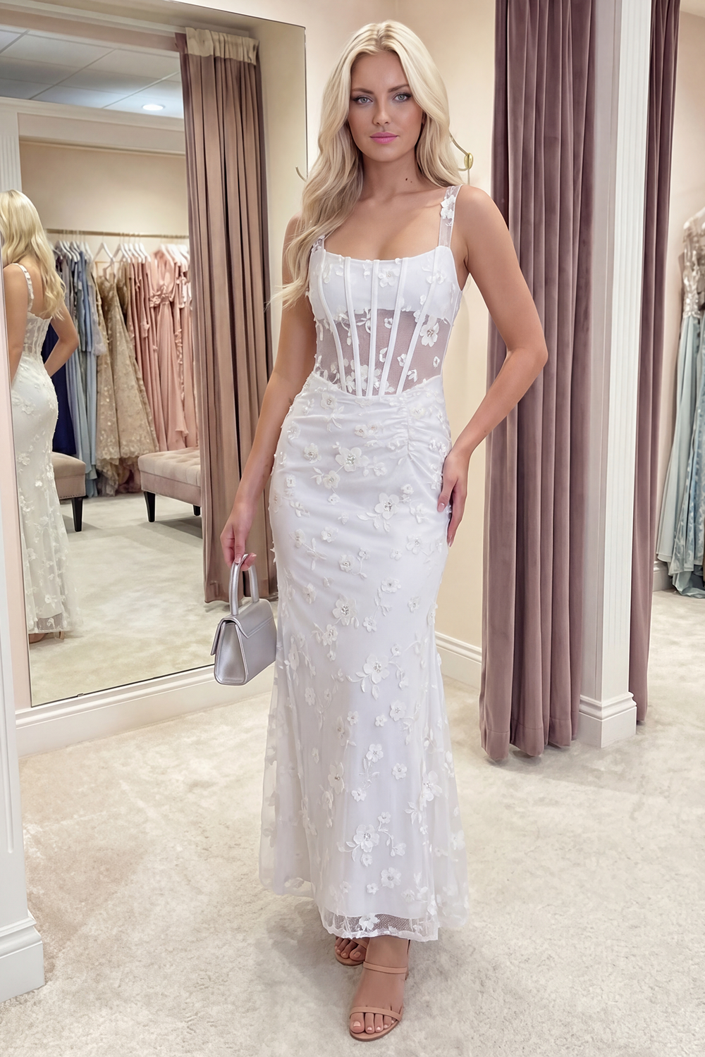 Pink Corset Mermaid Ruched Thick Straps Long Prom Dress