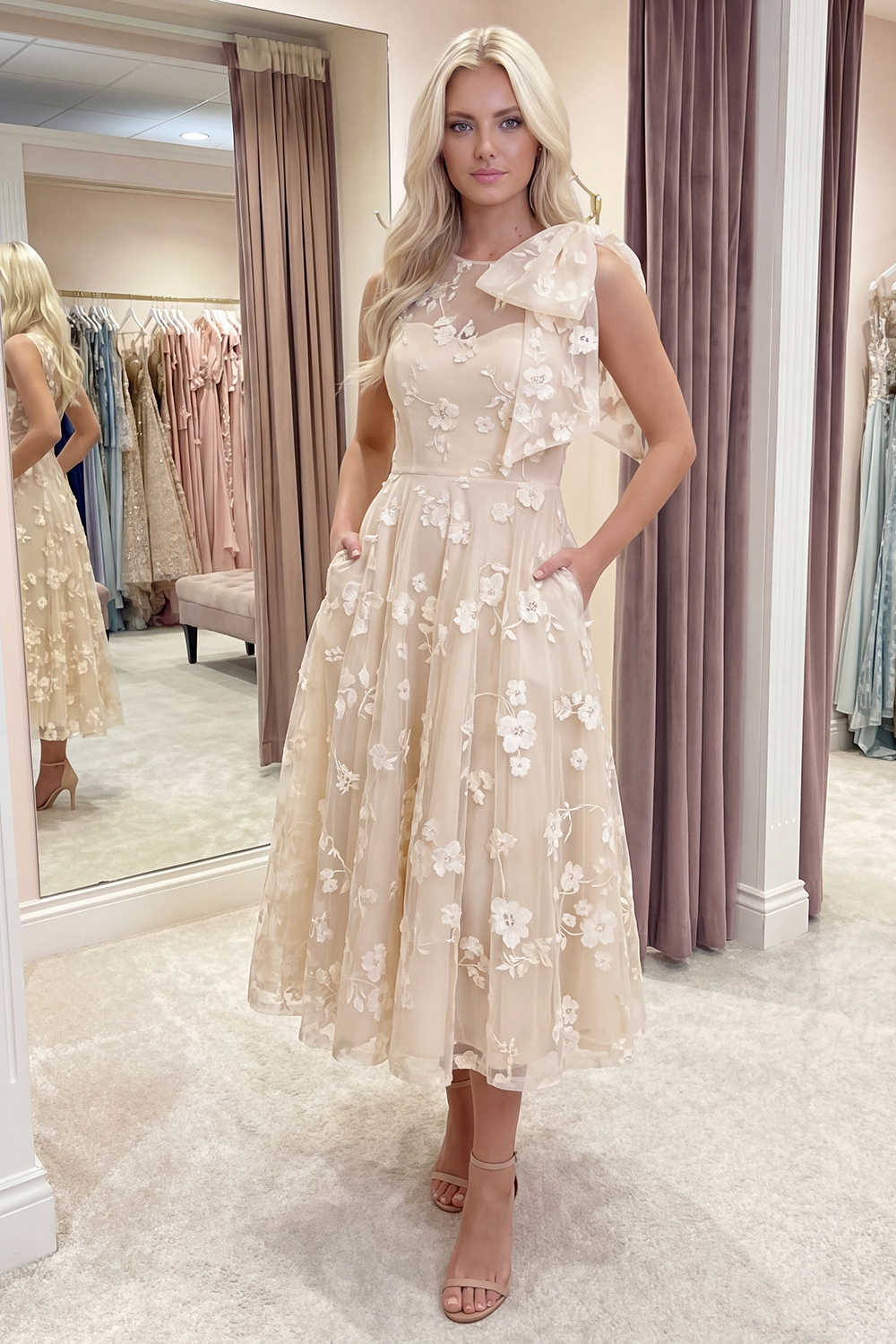 Blue A Line Round Neck Long Prom Dress with Pockets