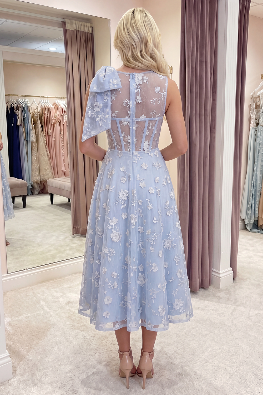 Blue A Line Round Neck Long Prom Dress with Pockets