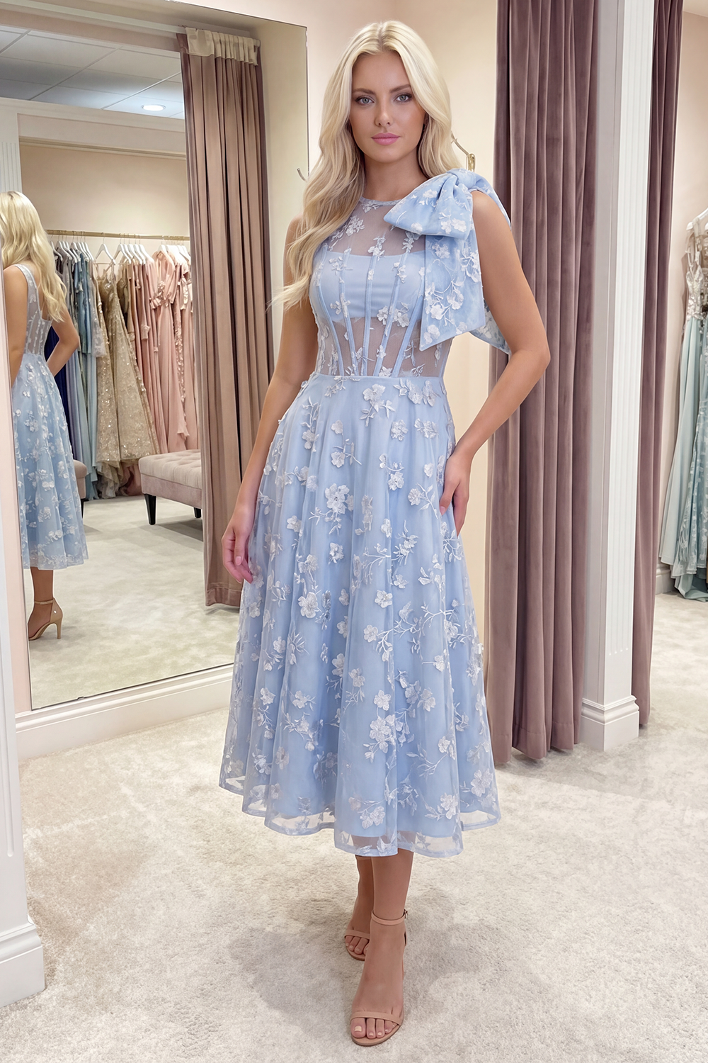 Blue A Line Round Neck Long Prom Dress with Pockets