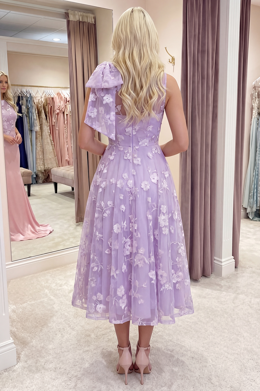 Blue A Line Round Neck Long Prom Dress with Pockets