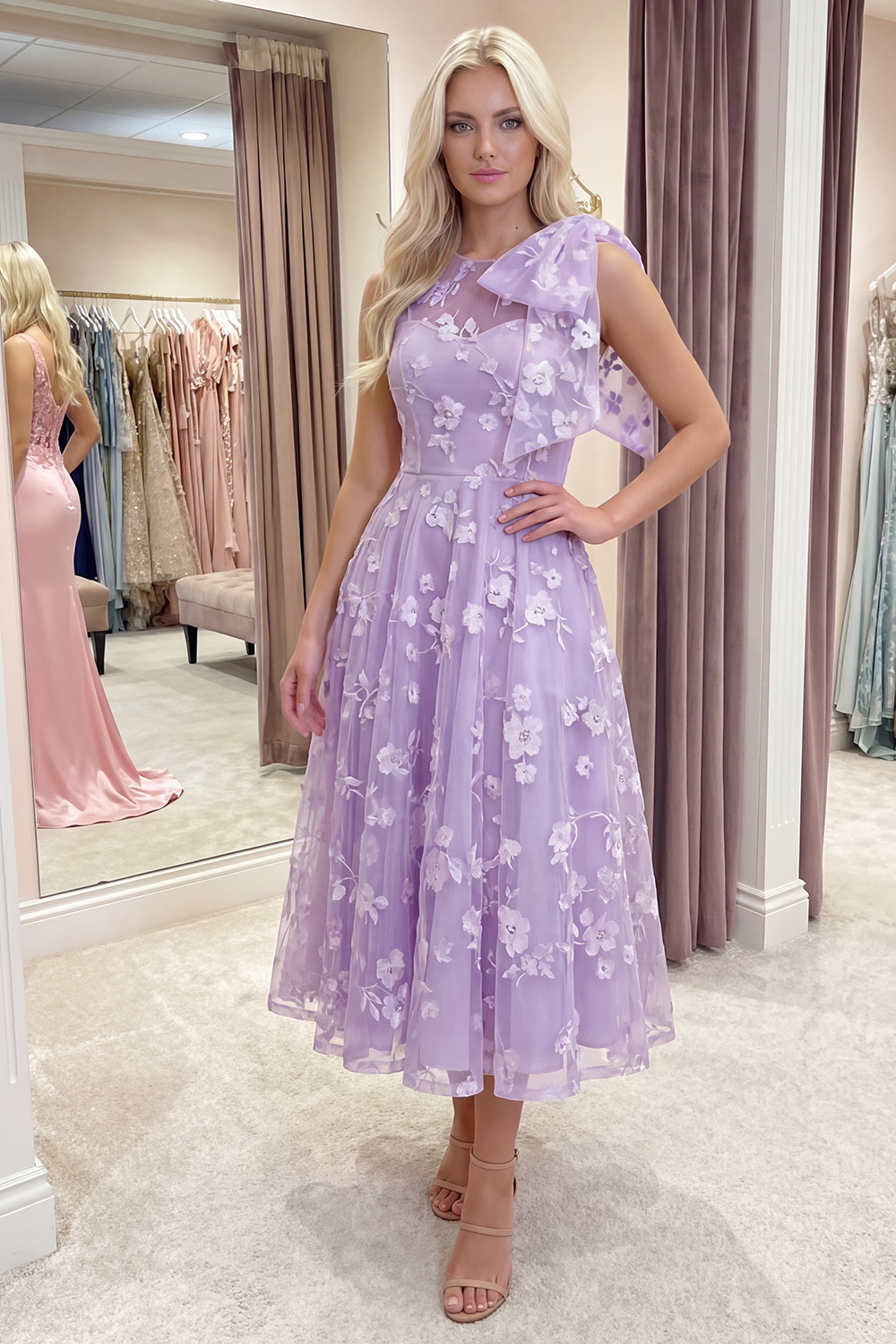 Blue A Line Round Neck Long Prom Dress with Pockets