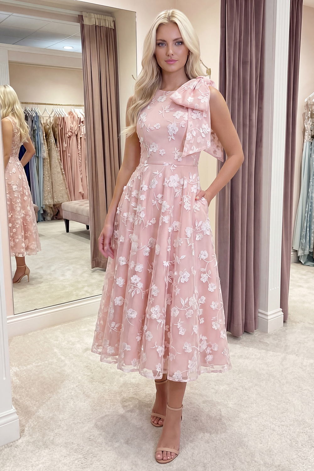 Blue A Line Round Neck Long Prom Dress with Pockets