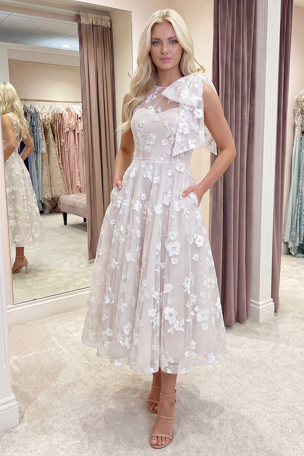 Blue A Line Round Neck Long Prom Dress with Pockets