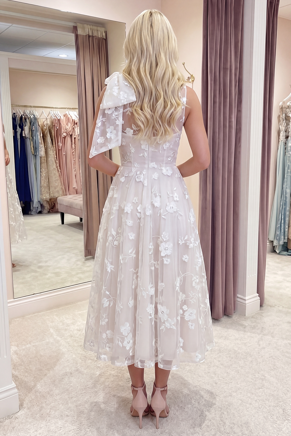 Blue A Line Round Neck Long Prom Dress with Pockets