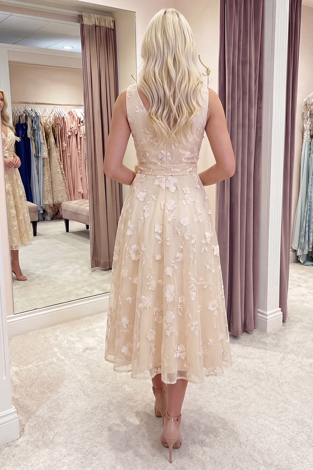 White A Line V-Neck Floral Ruched Long Prom Dress with Bow