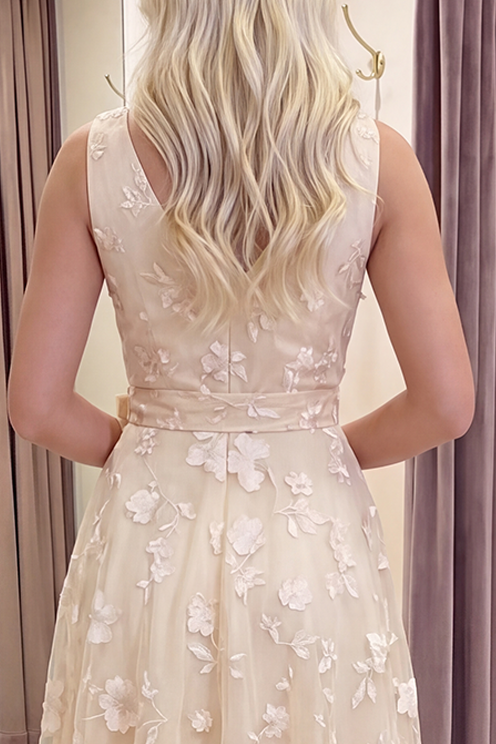 White A Line V-Neck Floral Ruched Long Prom Dress with Bow