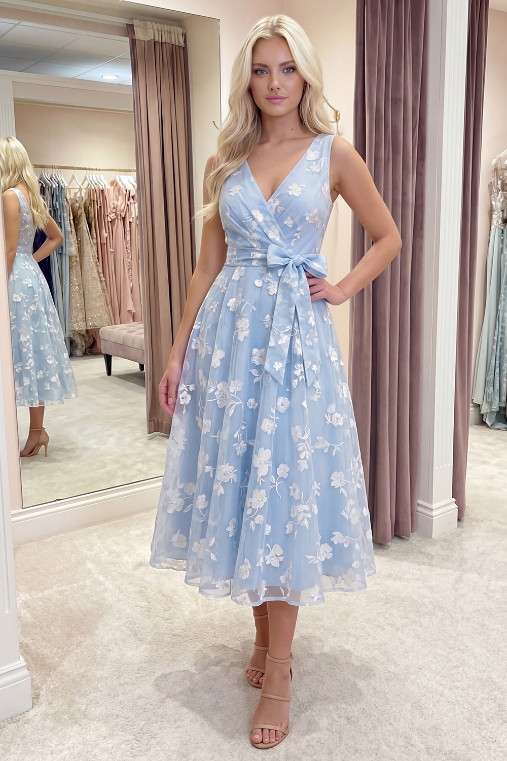 White A Line V-Neck Floral Ruched Long Prom Dress with Bow