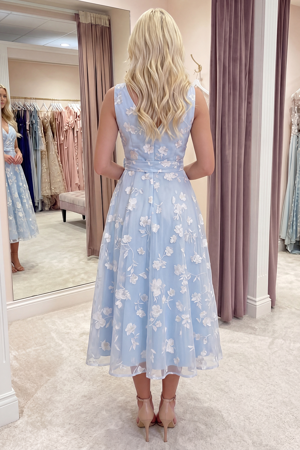 White A Line V-Neck Floral Ruched Long Prom Dress with Bow