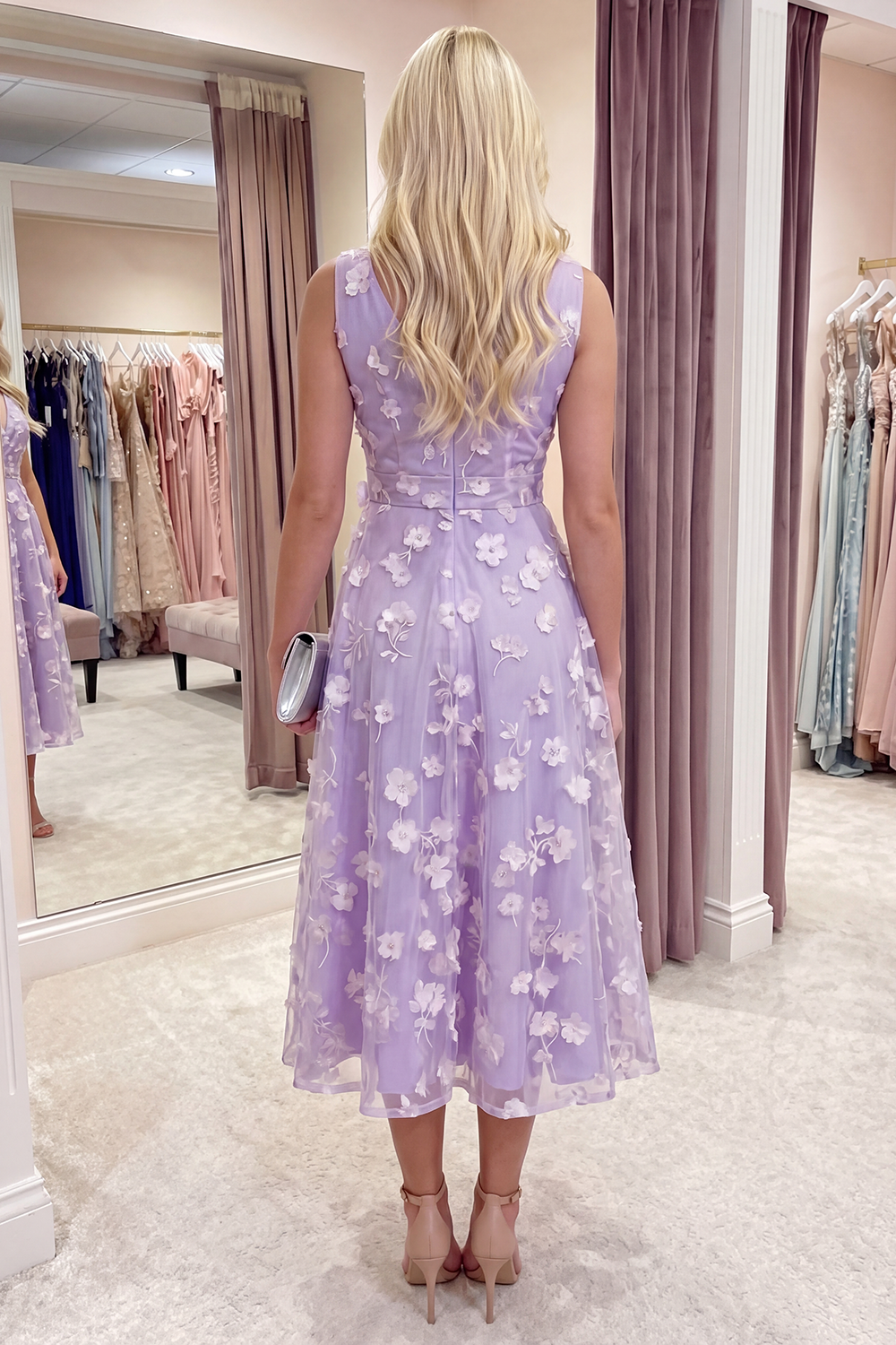 White A Line V-Neck Floral Ruched Long Prom Dress with Bow