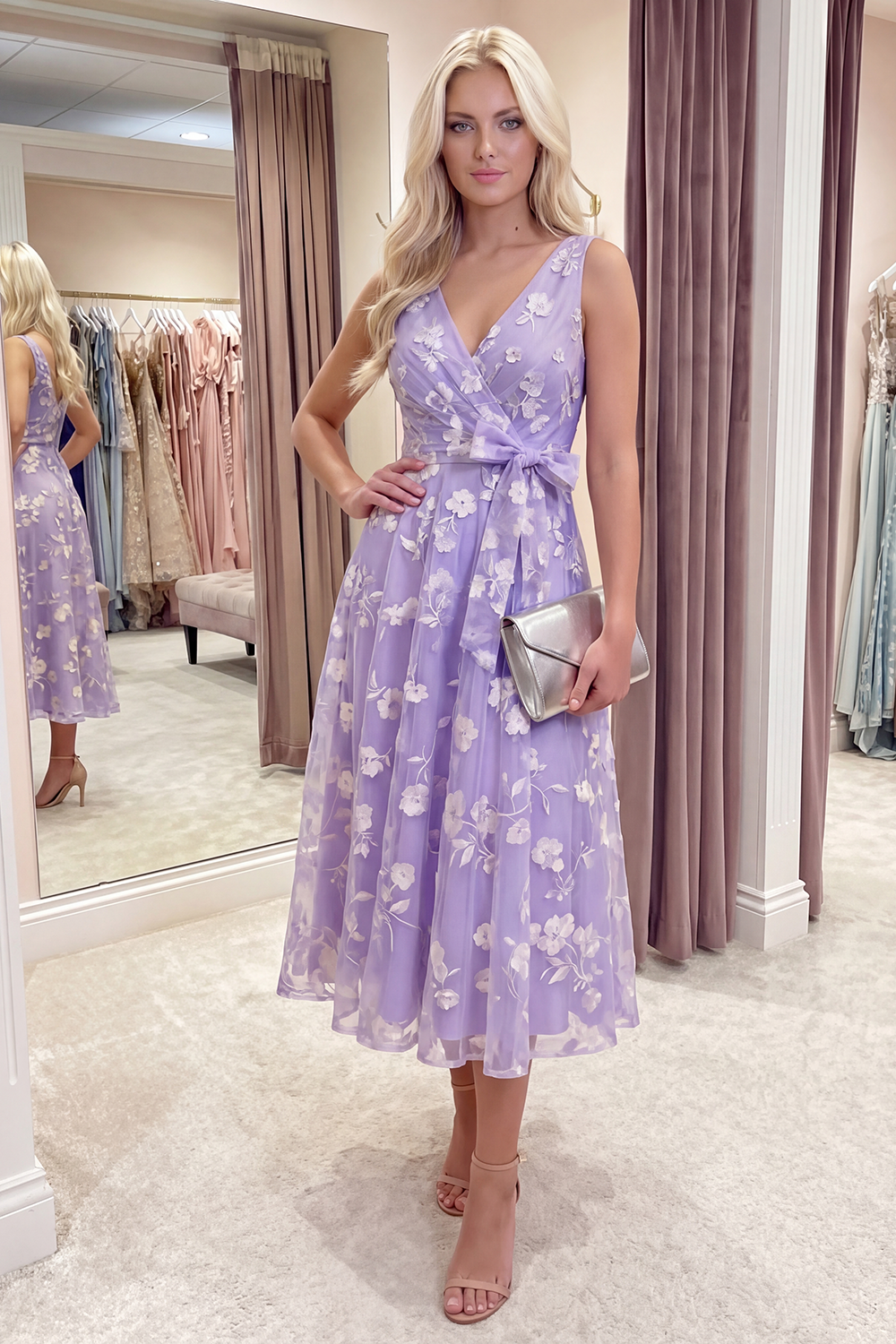 White A Line V-Neck Floral Ruched Long Prom Dress with Bow