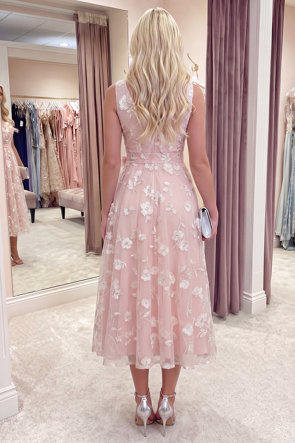 White A Line V-Neck Floral Ruched Long Prom Dress with Bow